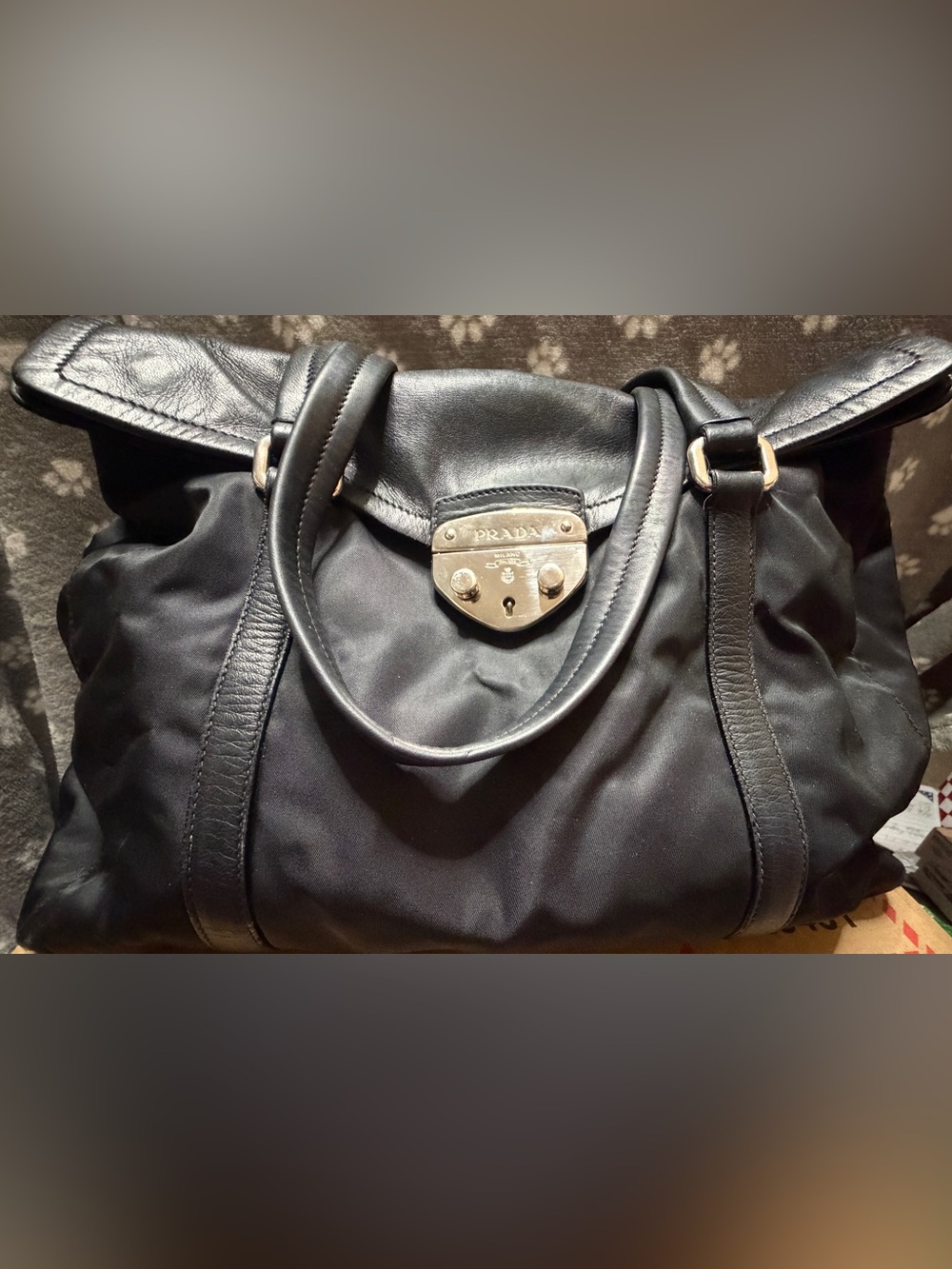 Prada Black Nylon and Leather Tote with Silver-Tone Lock
